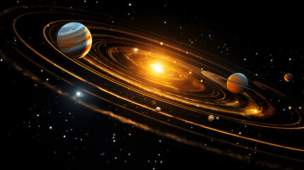a group of planets in a deep space with their rings in the middle
