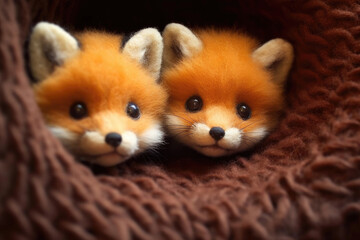 Fototapeta na wymiar Cute baby foxes peeking out of a woolen pocket