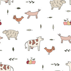Colored seamless pattern with farm animals and fruits. Doodle style. Hand drawn illustration. Vector