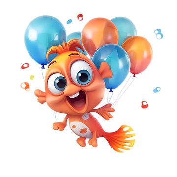 3d rendered illustration of monster cartoon character with balloons and number six