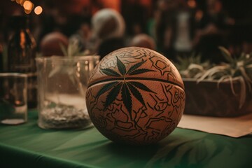 Basketball event with cannabis elements. Generative AI - obrazy, fototapety, plakaty