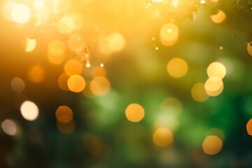 Warm blurred background with bright sunlight and vibrant orange light patterns. Bokeh or Christmas-themed green energy in the sky with evening clouds. Generative AI