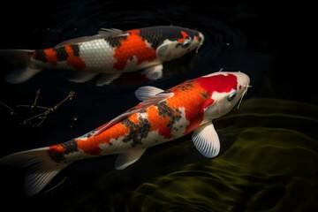 Two Japanese koi fish gracefully swimming in a tranquil pond. Generative AI