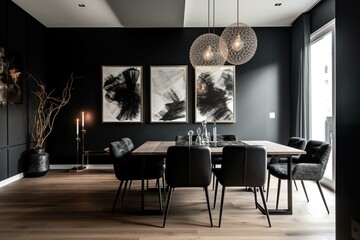 Modern dining room with black walls and square artwork complemented by silver hardware above the lounge area. Generative AI