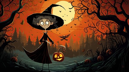 Wickedly Fun: Cartoon Halloween Witch with a Cauldron, Generative AI