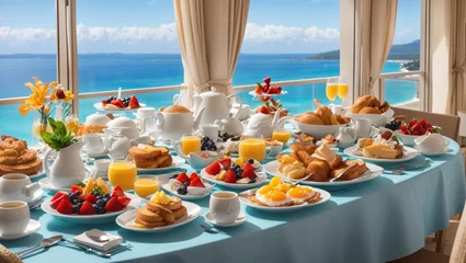 Keuken foto achterwand Mediterraans Europa "Ocean-View Indulgence: Experience a Luxurious Resort Breakfast Overlooking the Azure Waters"