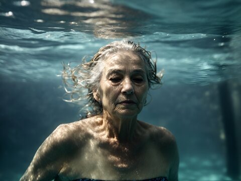 A captivating underwater photograph capturing the elegance and strength of an old woman as she swims gracefully beneath the water's surface.