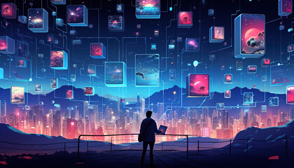 Illustration featuring a surreal arrangement of floating media screens