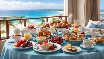 Papier Peint photo autocollant Europe méditerranéenne "Ocean-View Indulgence: Experience a Luxurious Resort Breakfast Overlooking the Azure Waters"