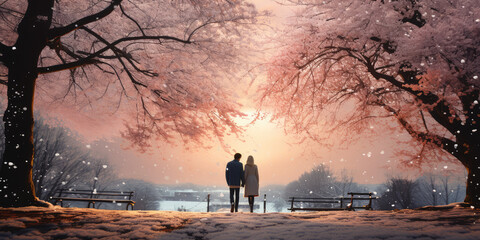 Soulmates silhouetted overlooking a nature landscape with blossoms on branches in the foreground