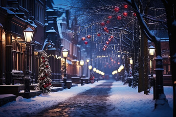 Night city winter snowy street decorated with luminous garlands and lanterns for christmas, urban preparations for new year