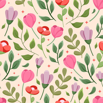 Cartoon pattern with flowers. Bright pattern with flowers and leaves on a light background for wrapping paper, fabric, textiles and clothing. cute baby pattern