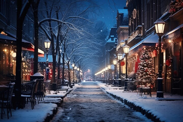 Fototapeta premium Night city winter snowy street decorated with luminous garlands and lanterns for christmas, urban preparations for new year