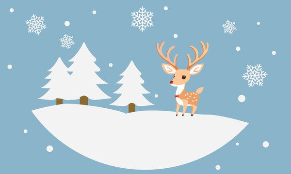 Little cute Christmas deer in the winter forest. Flat vector illustration.