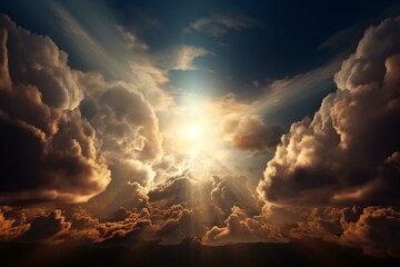 A divine light illuminates the clouds in a scene depicting Judgement Day. Keywords: God, light, clouds, final, judgment, reckoning, religious, concept. Generative AI