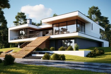 Fototapeta na wymiar Modern house with wide stairs portrayed in a 3D rendering. Generative AI