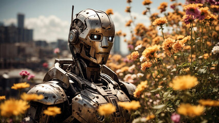 Battle worn robot in the middle of flower field