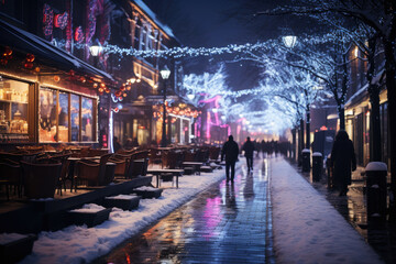 Night city winter snowy street decorated with luminous garlands and lanterns for christmas, urban preparations for new year