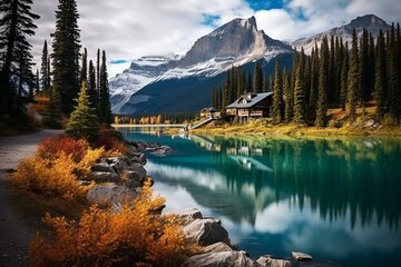 Autumnal view of emerald lake in Yoho National Park, Canada. Generative AI