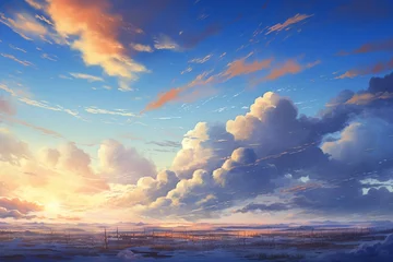 Fotobehang Artistic afternoon scene with cloud-filled sky, evoking an anime-inspired atmosphere. Generative AI © Clio