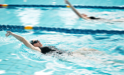 Sports, swimmer or people training in swimming pool for a race competition, exercise or cardio...