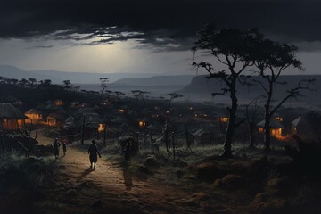 Darkness in an African hamlet. Generative AI