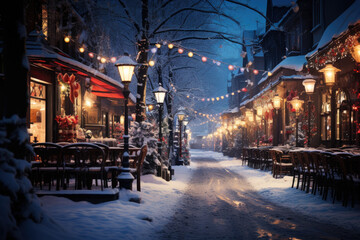 Night city winter snowy street decorated with luminous garlands and lanterns for christmas, urban preparations for new year