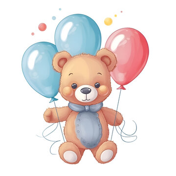 Cute teddy bear with balloons. Vector illustration isolated on white background.