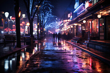 Crowd of people on a snow covered night city street with illumination