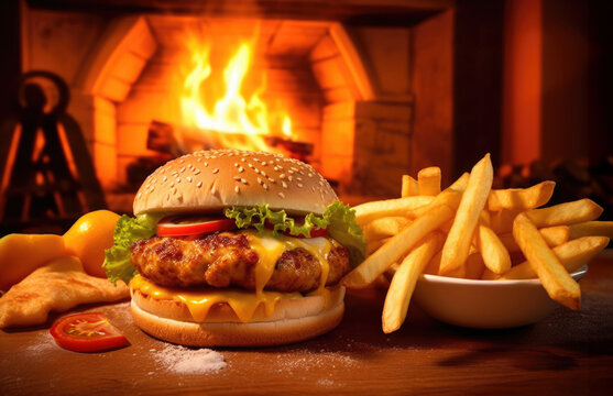 Fresh grilled juicy chicken burger with melting cheese and chips or fries on wooden table with flames of fire in background