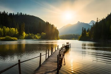 Obraz premium A serene wooden rope bridge suspended over a rushing river, the aged wooden planks weathered and worn, casting dappled shadows on the water's surface, the bridge swaying gently in the breeze, Photog