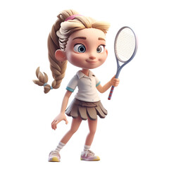 Little girl with tennis racket and ball.  isolated on white background.