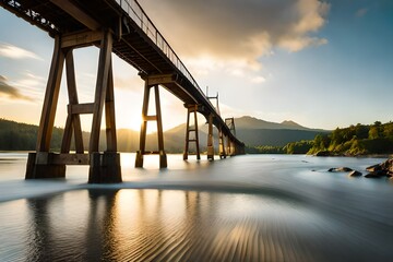 Obraz premium A serene wooden rope bridge suspended over a rushing river, the aged wooden planks weathered and worn, casting dappled shadows on the water's surface, the bridge swaying gently in the breeze, Photog