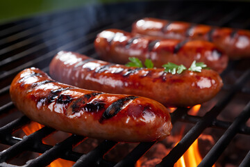 Grilled sausage in the grill image. Smoky grilled sausages - obrazy, fototapety, plakaty