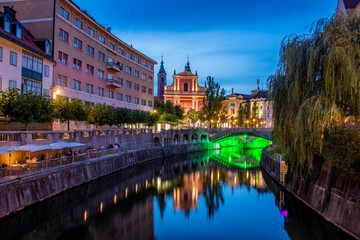 Fototapeta na wymiar Ljubljana city centre at night, Central Slovenia region