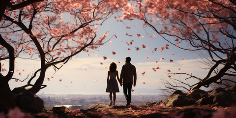 Soulmates silhouetted on a hill overlooking a city skyline  with Cherry blossoms.