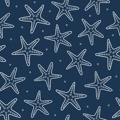 Starfish seamless pattern. White outline starfish on blue background. Vector repeating ornament