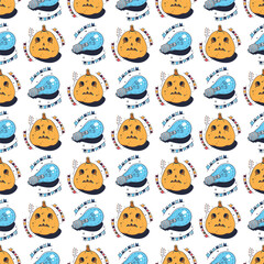 Seamless pattern with light bulb and pumpkins for Halloween. Seamless pattern on a white background. Cute vector illustration.