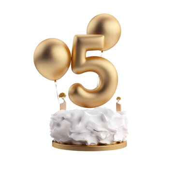 5th birthday cake with white cream and gold balloons. isolated on white background