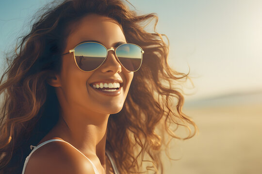 Portrait of young happy woman in sunglasses smiling on sunny beach