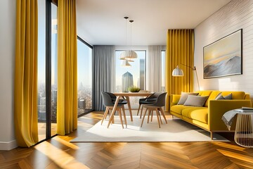 Fototapeta premium Painting wall yellow in room of apartment after relocation (3D Rendering)