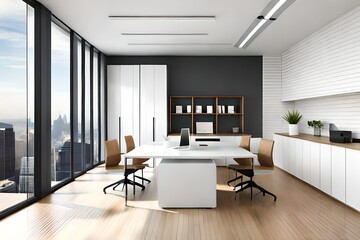 Naklejka na ściany i meble Blurred interior of modern office workplace a workspace design without partition decorate with black, white and wooden furniture. Nice environment can create work productivity, relax mood