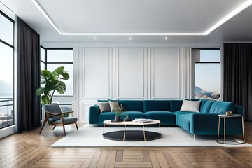 Naklejka na ściany i meble mock up poster frame in modern interior background, living room, Scandinavian style, 3D render, 3D illustration 