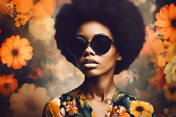 Afro: Sunglasses and Sunshine: 60s Fashionista Empowered in Vibrant Propaganda Style