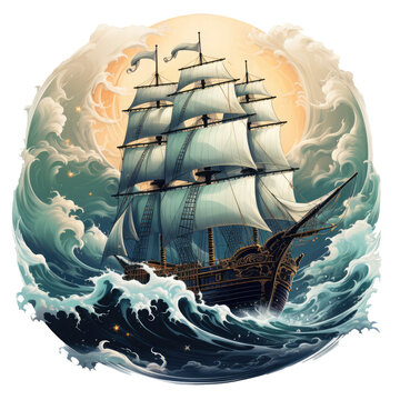 recommend clip art: The Ship in Turmoil graphic t-shirt design presenting a hauntingly, Generative Ai