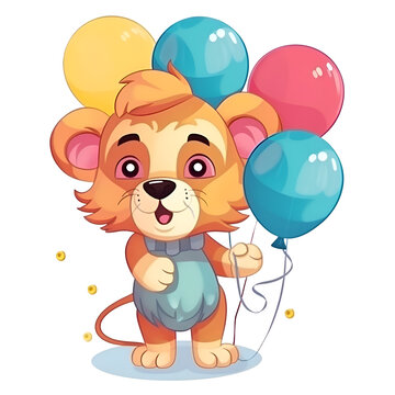 Cute lion with balloons on a white background. Vector illustration.