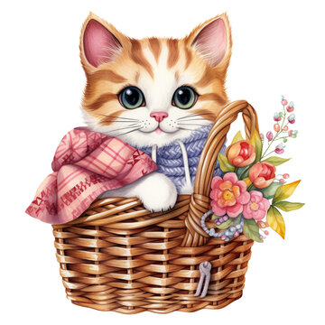 kitten in basket with flowers