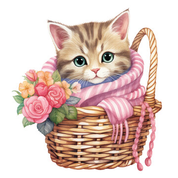AI Generative cute chubby cat with scarf on basket with beautiful flower