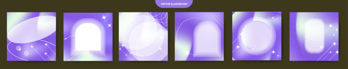 Set of Lavender Holographic Background Designs with white geometric shapes for copy space. Graphic Templates for Social media posts, cards, posters, banners. Editable Vector Illustration. EPS 10

