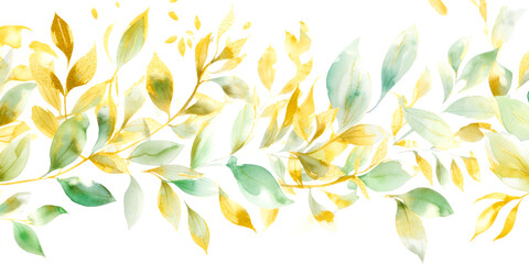 Beautiful watercolor seamless border illustration. Includes green golden leaves and branches. Ideal...